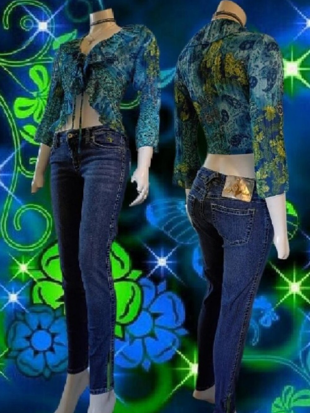 VTG Y2K Baby Phat Low Rise Skinny Jeans W/ Lime Green Thread Sz 5